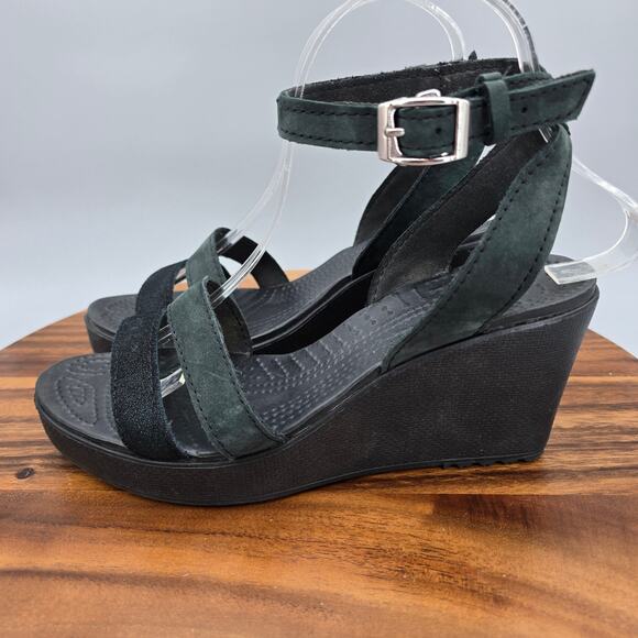 Crocs Sandals Women's 8 Black Leigh II Shimmer Ankle Strap Comfort Wedge Shoes - Picture 1 of 7